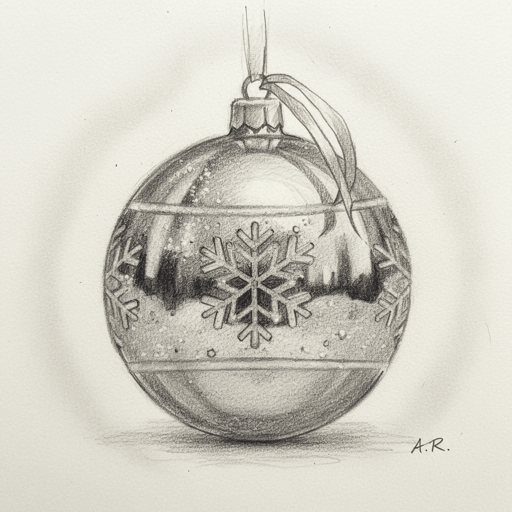 Pencil sketch of a Christmas ornament with snowflake design, hung by a ribbon, capturing festive holiday spirit and artful detail.