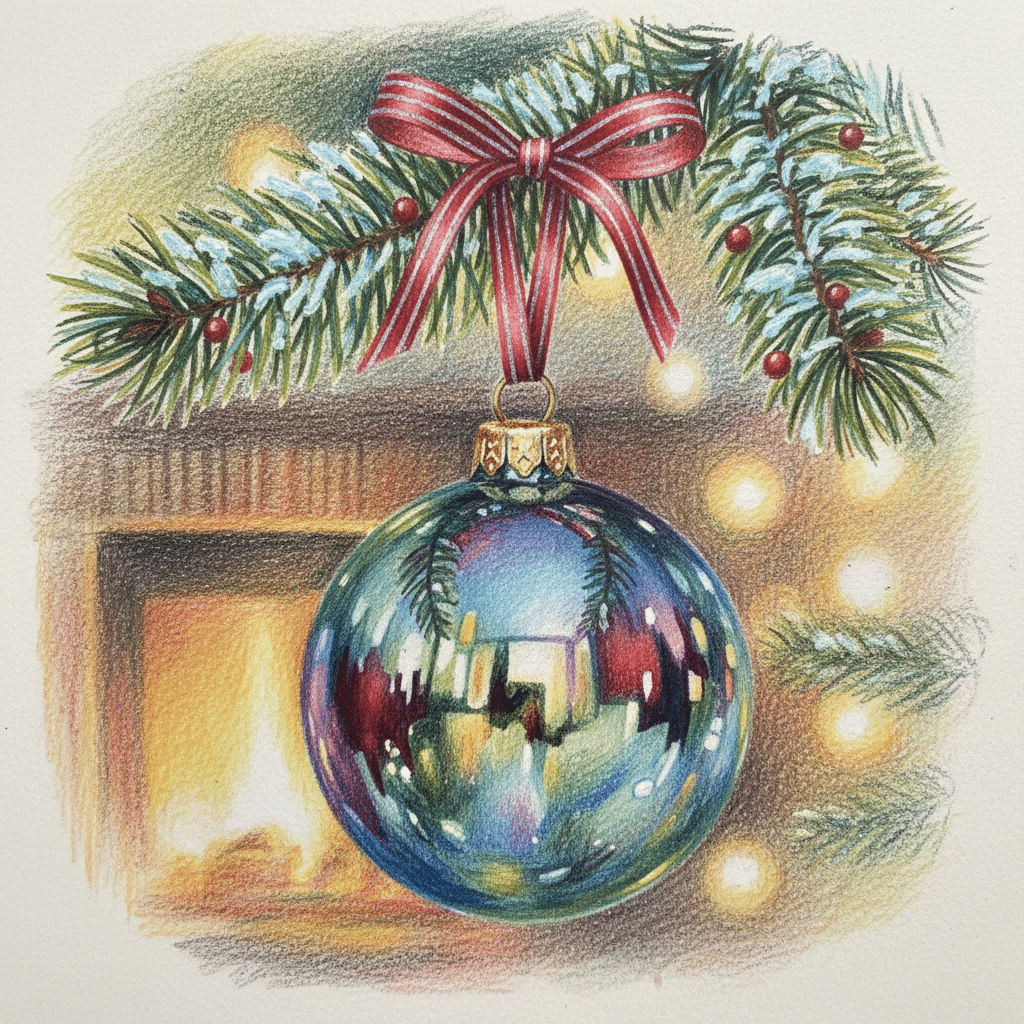 Christmas ornament hangs on tree branch, adorned with red ribbon, reflecting cozy fireplace and twinkling lights in the background.