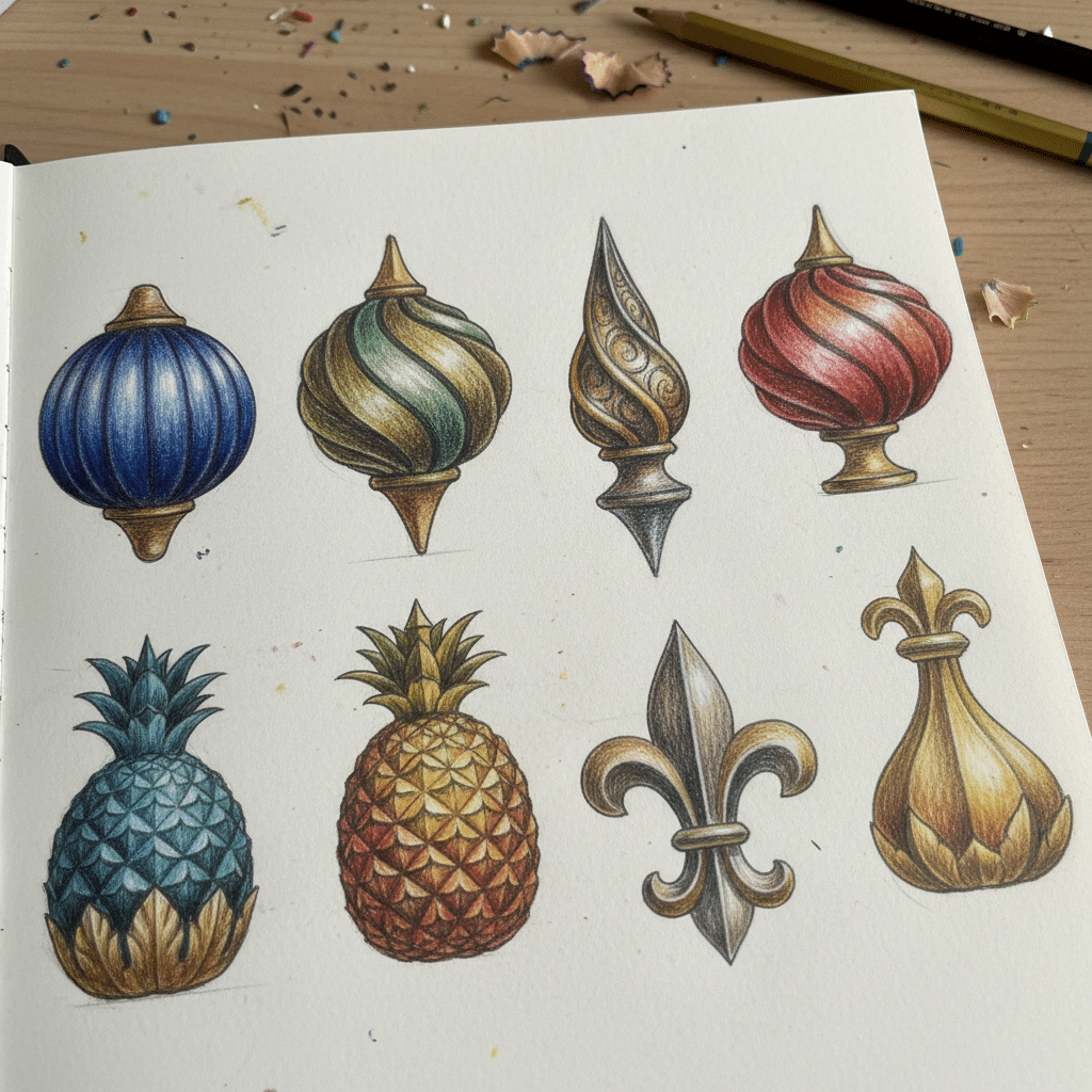 Colorful medieval ornament pencil sketches, featuring intricate patterns and pineapple shapes on a sketchbook page.