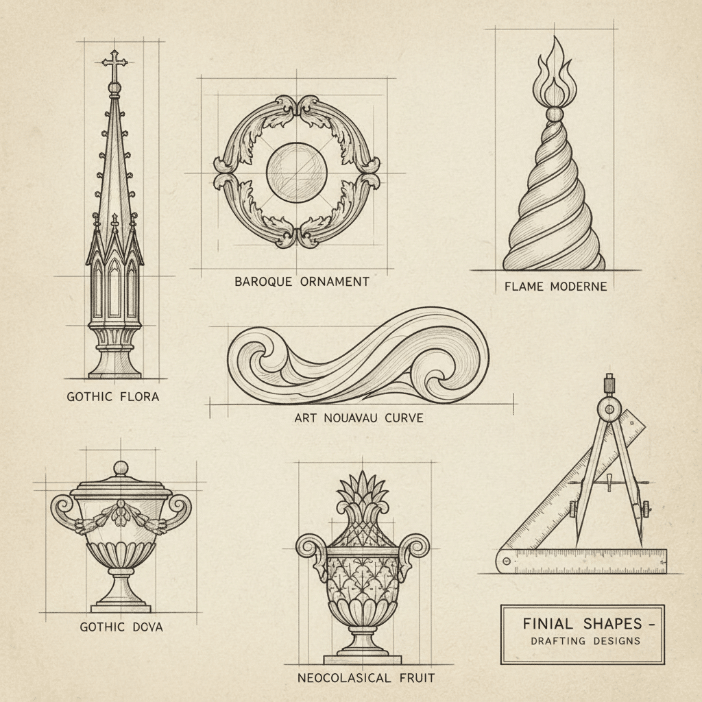 Illustration of architectural finial designs including Gothic, Baroque, and Art Nouveau elements with drafting tools.