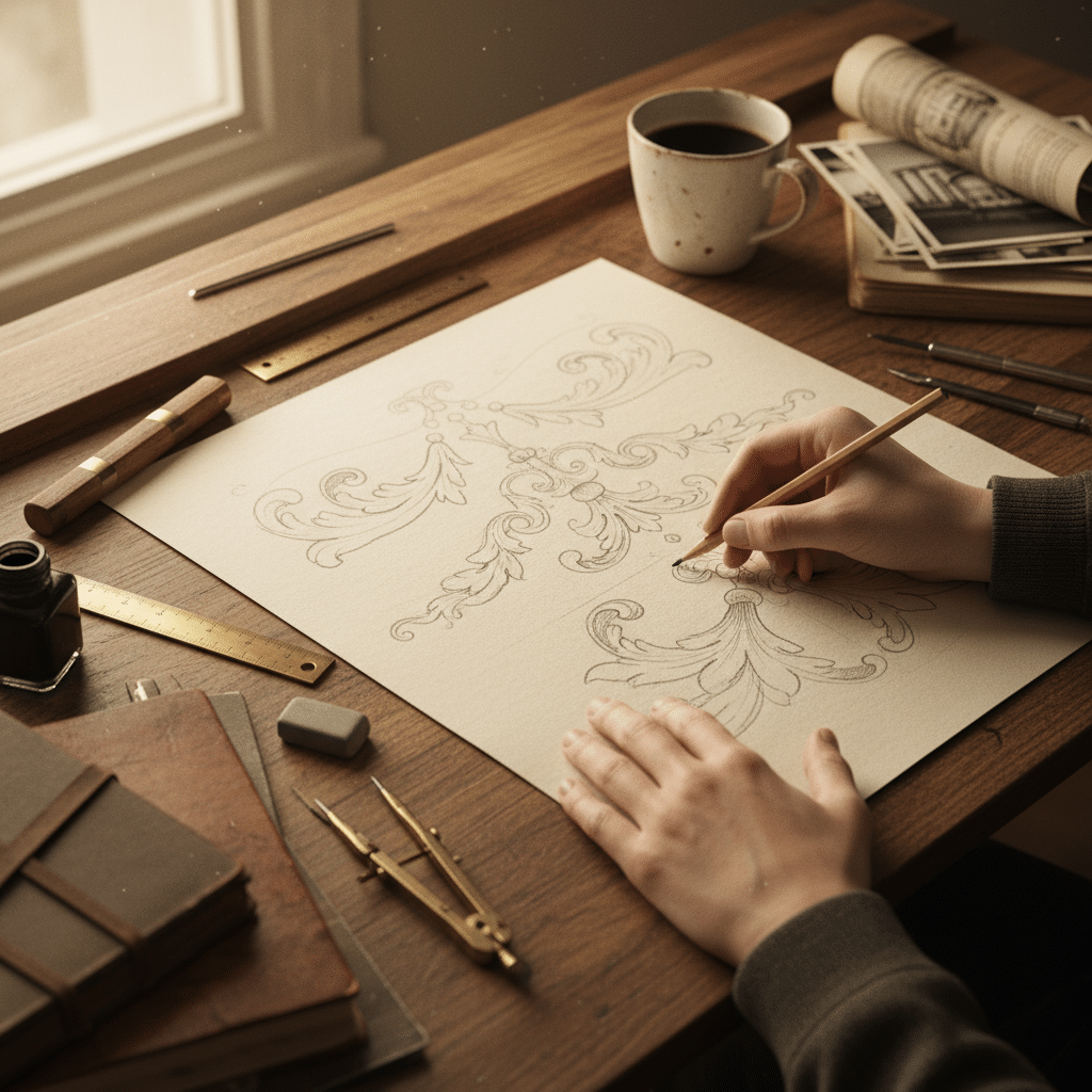 Person sketching intricate design on paper at wooden desk, with coffee, compass, and ruler, creating an artistic workspace ambiance.