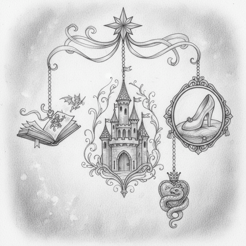 Fairytale-themed illustration with a castle, open book, flying fairy, glass slipper, and snake heart medallion, all intricately sketched.