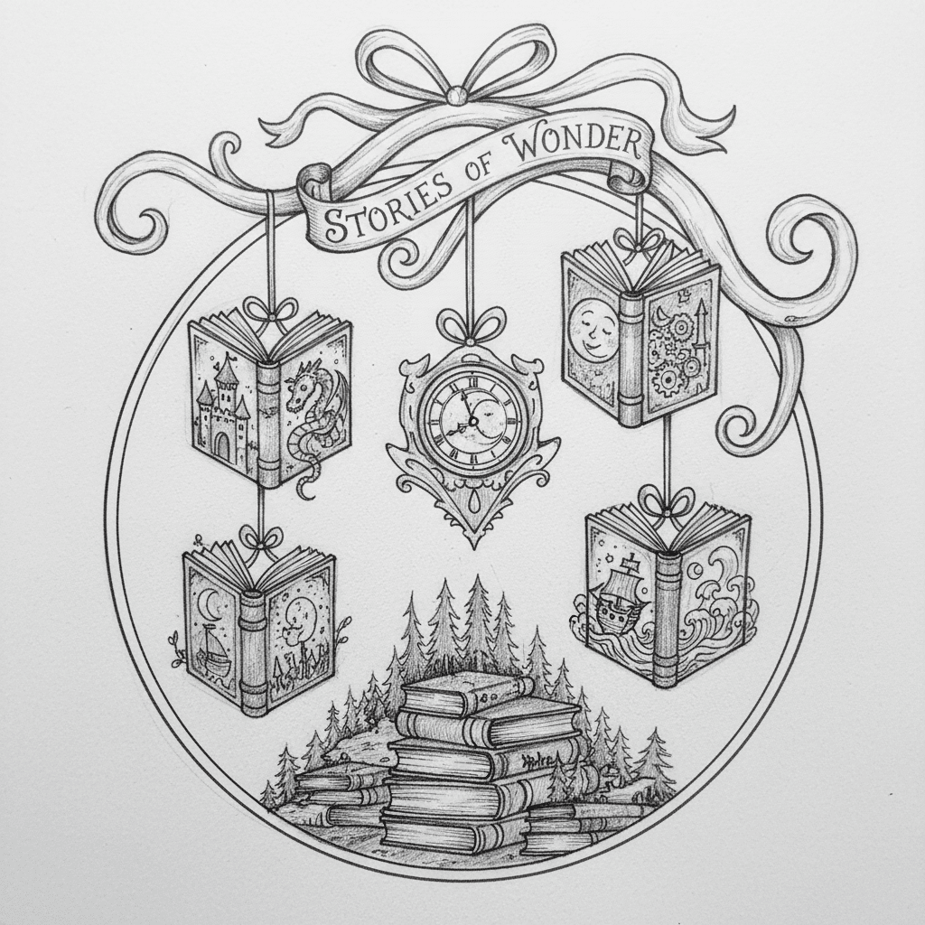 Illustrated circle with fantasy books and a clock, labeled Stories of Wonder, surrounded by trees and a stack of books at the bottom.