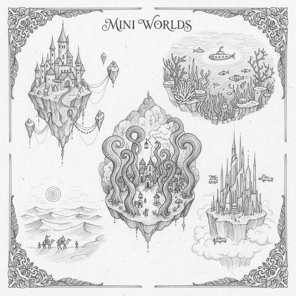 Illustrated fantasy mini worlds: floating castles, underwater scene, desert landscape, tentacled village. Intricate pencil sketch.