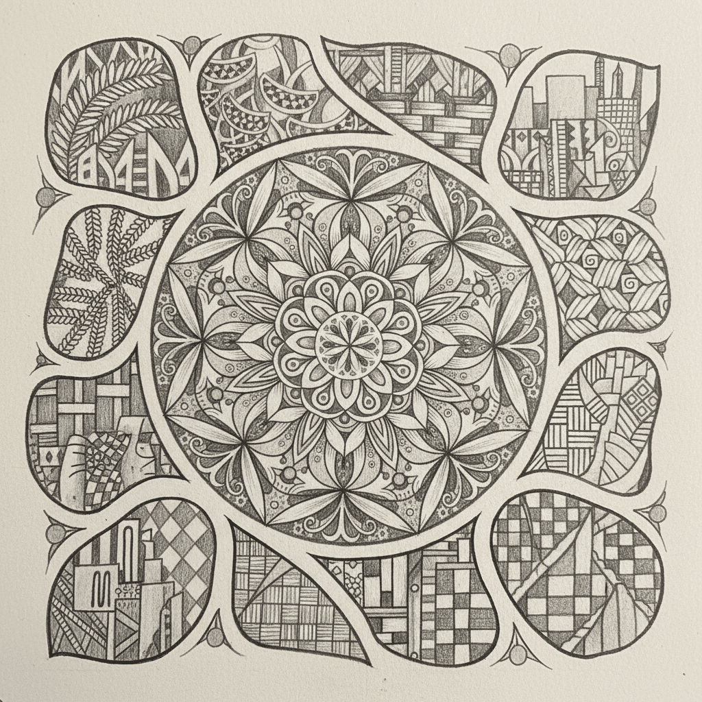 Intricate black and white mandala with detailed geometric patterns and shapes, forming a harmonious abstract design.