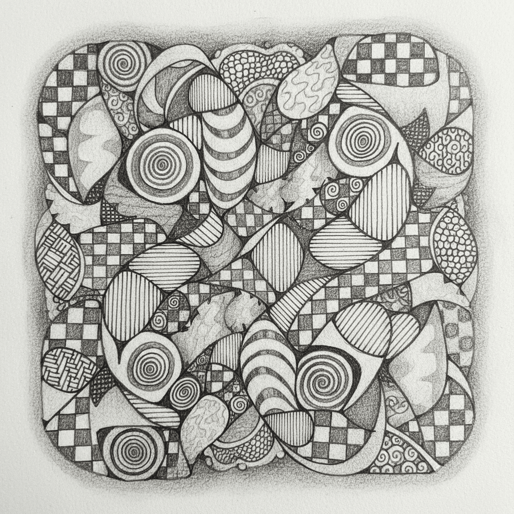 Abstract black and white geometric doodle art with swirling patterns, checkerboard squares, and intricate line designs.