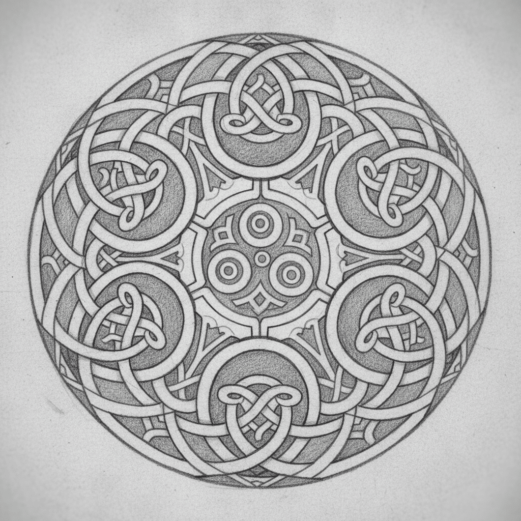Intricate black and white Celtic knot design in a circular mandala pattern, showcasing detailed interwoven loops and symmetry.