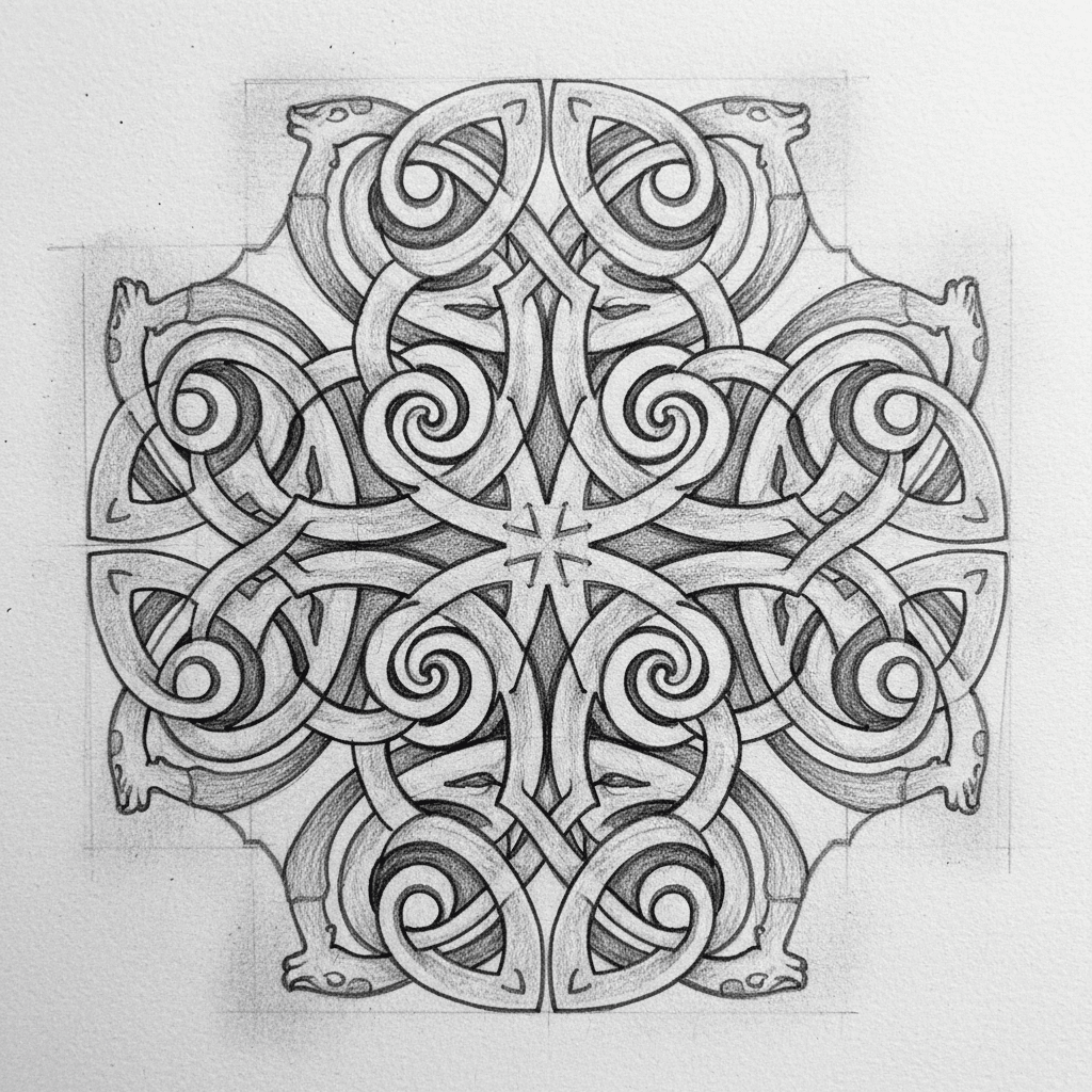 Intricate pencil drawing of a Celtic knot, featuring swirling patterns and stylized animal motifs, showcasing detailed artistic design.