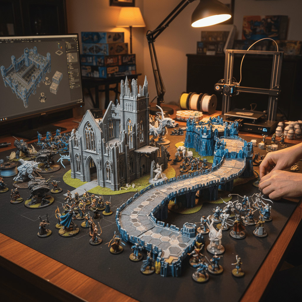 ai-photo-studio-1763940331931-1 3D-printed fantasy war game setup with a gothic structure, figures, and detailed landscape on a creative hobbyist's desk. | Sky Rye Design 3D-printed fantasy war game setup with a gothic structure, figures, and detailed landscape on a creative hobbyist's desk.