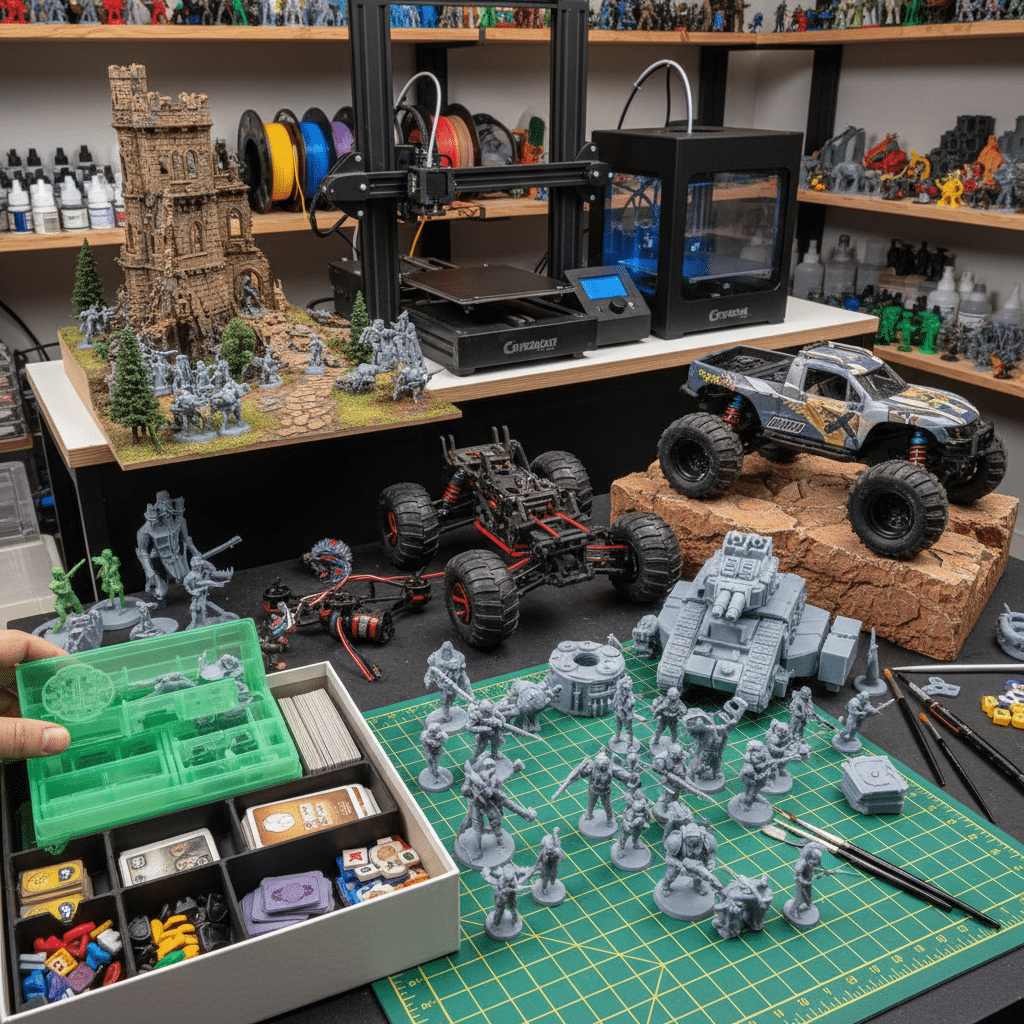 ai-photo-studio-1763940336203-2 3D printers and miniatures in a workshop, featuring model vehicles, figurines, and crafting tools. Perfect setup for hobbyists and creators. | Sky Rye Design 3D printers and miniatures in a workshop, featuring model vehicles, figurines, and crafting tools. Perfect setup for hobbyists and creators.