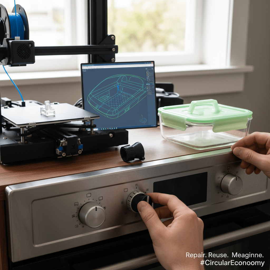 ai-photo-studio-1763940468109-1 3D printing in progress on a wooden table with a stove and a glass container promoting repair, reuse, and circular economy. | Sky Rye Design 3D printing in progress on a wooden table with a stove and a glass container promoting repair, reuse, and circular economy.