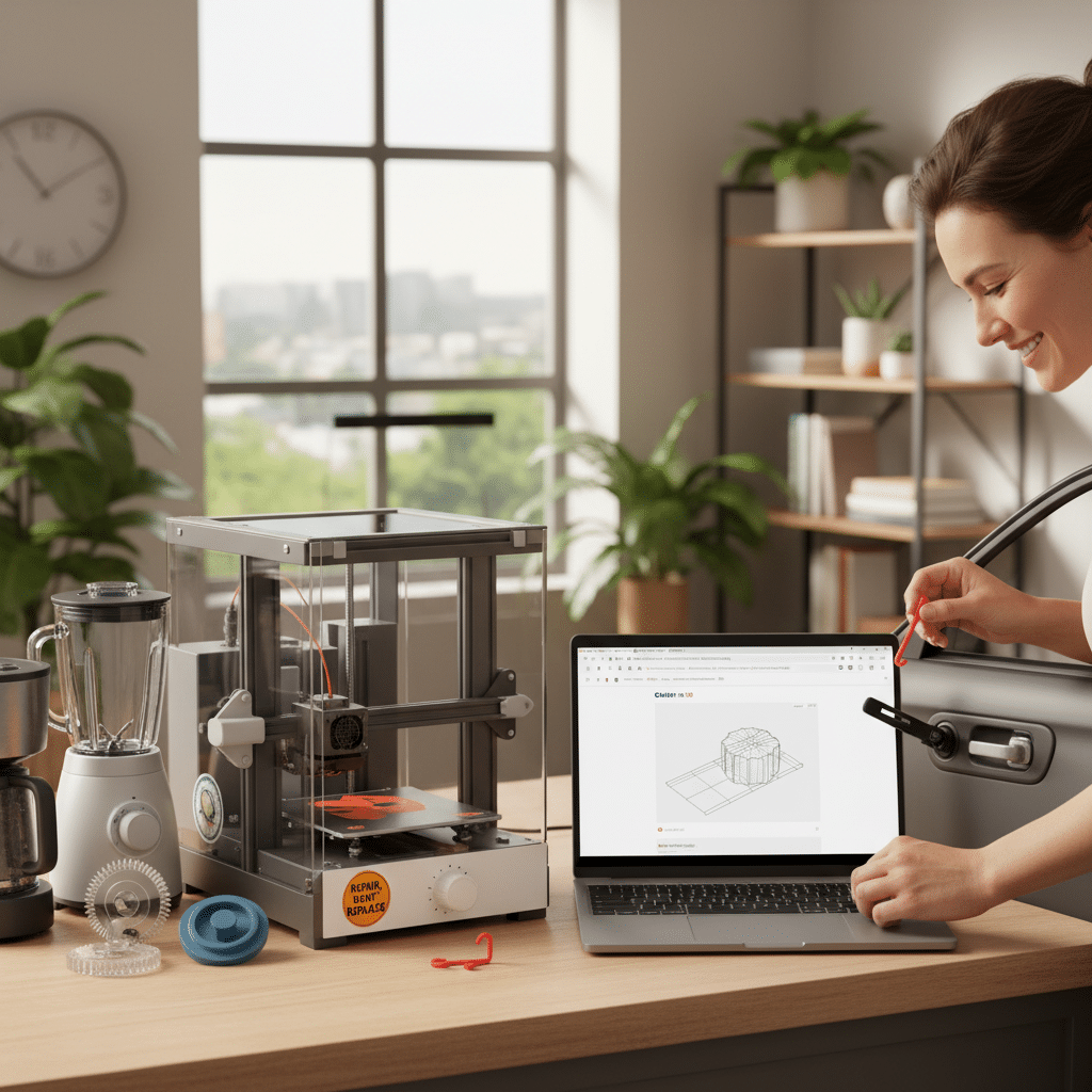 ai-photo-studio-1763940471042-2 Woman using 3D printer and laptop for car door repair in modern workspace with appliances. | Sky Rye Design Woman using 3D printer and laptop for car door repair in modern workspace with appliances.
