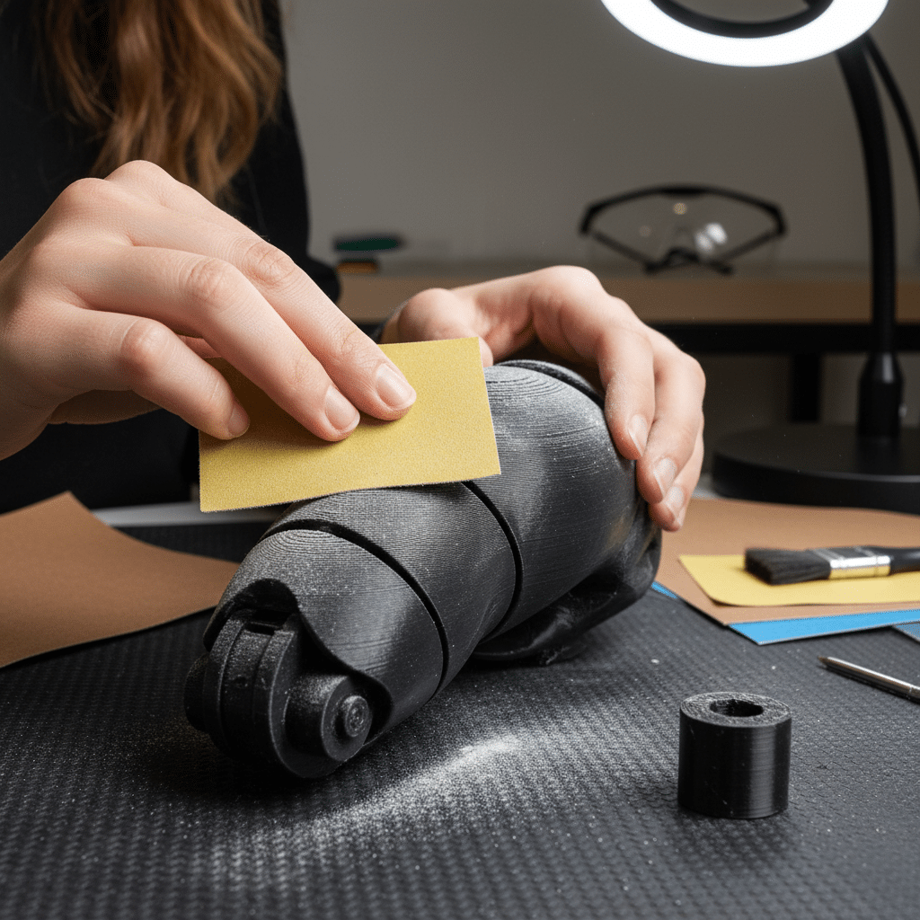 ai-photo-studio-1763941850662-1 Person sanding 3D printed prosthetic hand at a workstation with tools and lamp. Precision sanding for smooth surface finish. | Sky Rye Design Person sanding 3D printed prosthetic hand at a workstation with tools and lamp. Precision sanding for smooth surface finish.