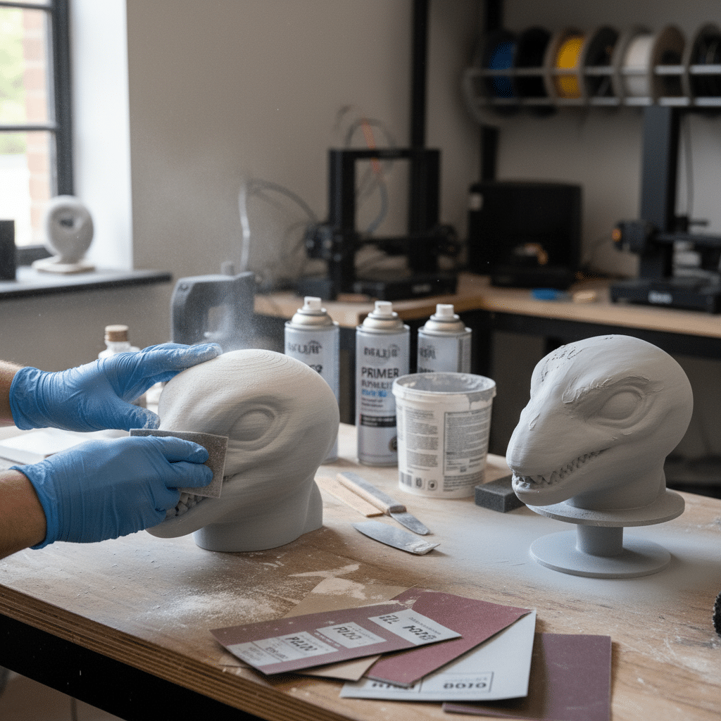 ai-photo-studio-1763941852047-2 3D-printed dinosaur head models being sanded and primed in a workshop, surrounded by tools and primer spray cans. | Sky Rye Design 3D-printed dinosaur head models being sanded and primed in a workshop, surrounded by tools and primer spray cans.