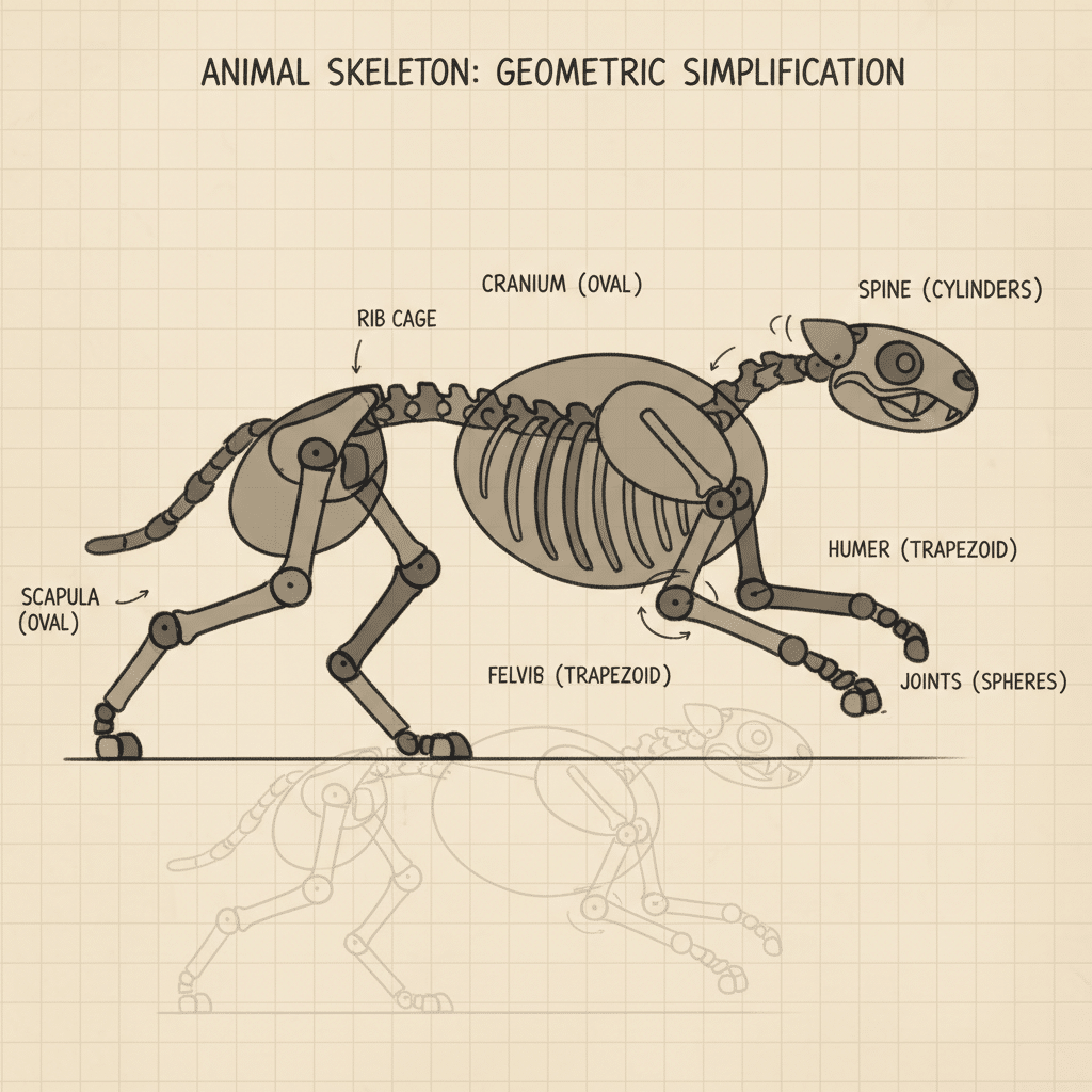Geometric simplification of an animal skeleton, illustrating labeled parts: cranium, spine, scapula, rib cage, felvib, humer, joints.