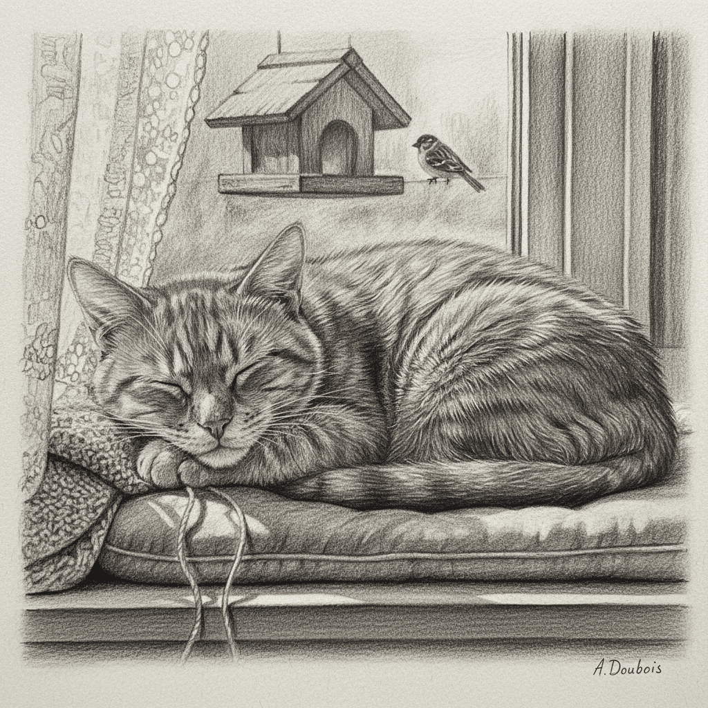 Sleeping cat on a windowsill beside a birdhouse and a bird, in a detailed sketch. Cozy and peaceful home scene.