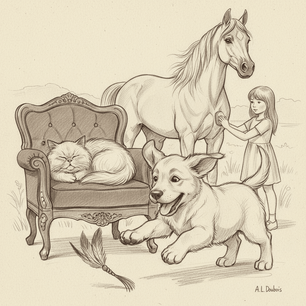 Illustration of a girl with a horse, playful dog, and sleeping cat on a chair, capturing a serene countryside scene.