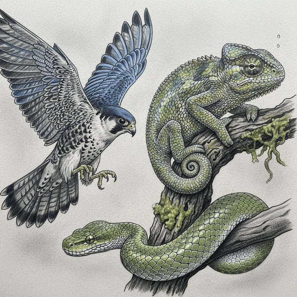 Illustration of a falcon in flight, a coiled chameleon, and a snake, all perched on branches, showcasing diverse wildlife.