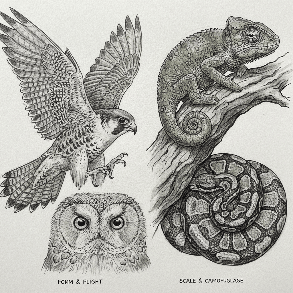 Detailed drawing of a falcon, owl, chameleon, and snake showcasing nature's form, flight, scale, and camouflage.