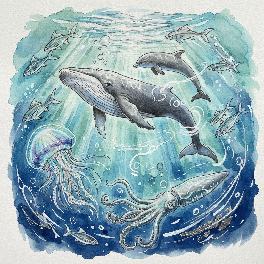 Colorful underwater scene with a whale, dolphin, jellyfish, and squid swimming amidst fish, in a watercolor style.