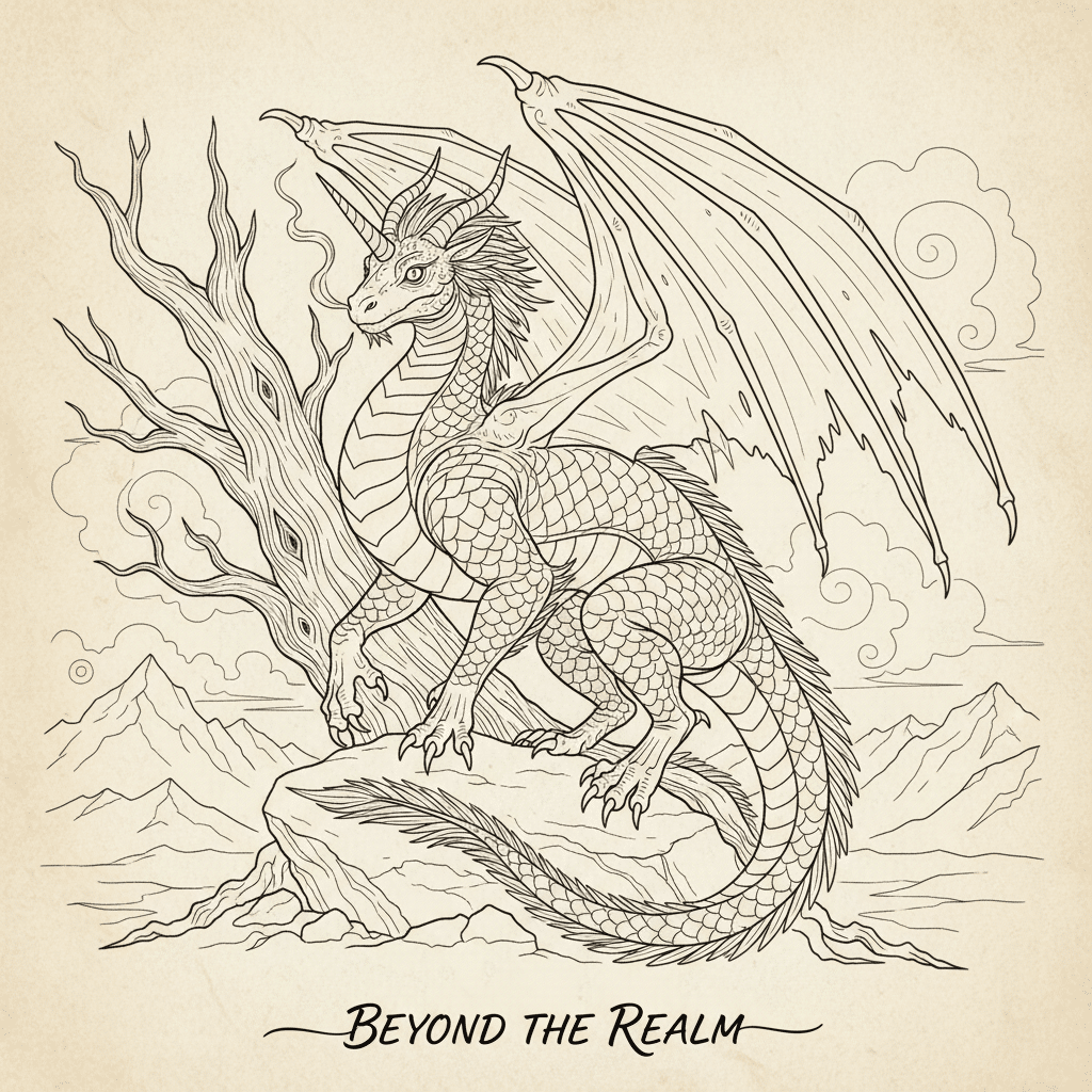 Majestic dragon perched on a rock with wings spread, set against a fantasy landscape. Text reads Beyond the Realm. Line art style.