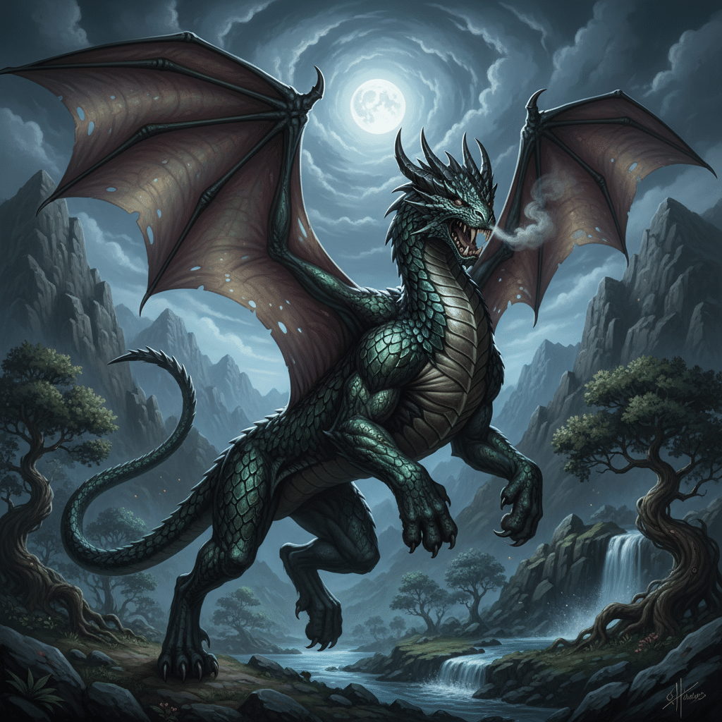 Majestic dragon with outstretched wings and glowing eyes breathes mist under a full moon in a mystical mountainous landscape.