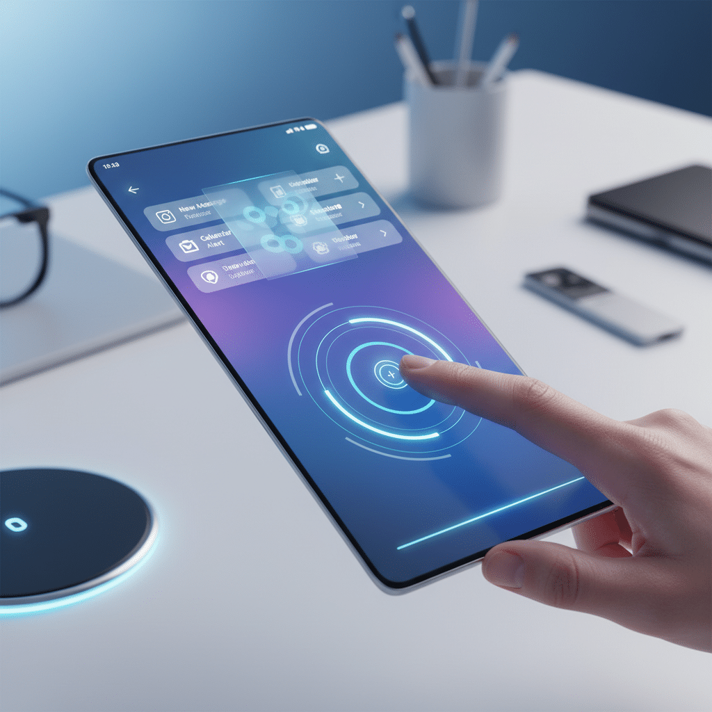ai-photo-studio-1764060326757-2 Futuristic touchscreen tablet with holographic display interface, featuring a finger interacting with app icons on a modern workspace. | Sky Rye Design Futuristic touchscreen tablet with holographic display interface, featuring a finger interacting with app icons on a modern workspace.