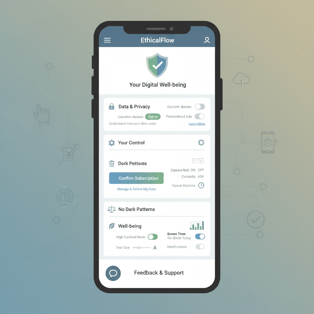 ai-photo-studio-1764060725546-1 Mobile app interface for EthicalFlow, focusing on digital well-being, data privacy, and user control with options for screen time and settings. | Sky Rye Design Mobile app interface for EthicalFlow, focusing on digital well-being, data privacy, and user control with options for screen time and settings.