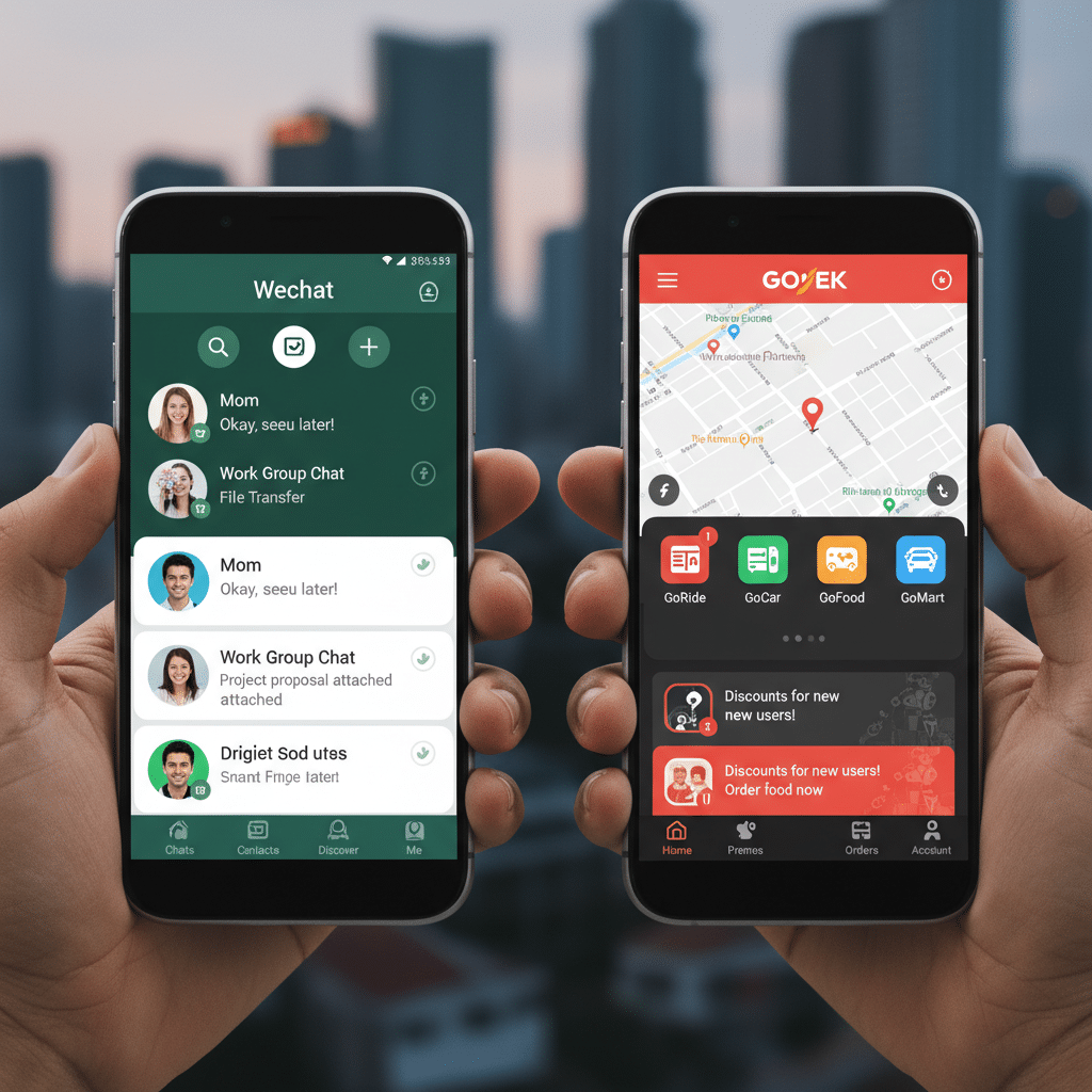 ai-photo-studio-1764062086844-2 Two smartphones displaying WeChat and Gojek apps, featuring chat lists and service options, with a cityscape backdrop. | Sky Rye Design Two smartphones displaying WeChat and Gojek apps, featuring chat lists and service options, with a cityscape backdrop.