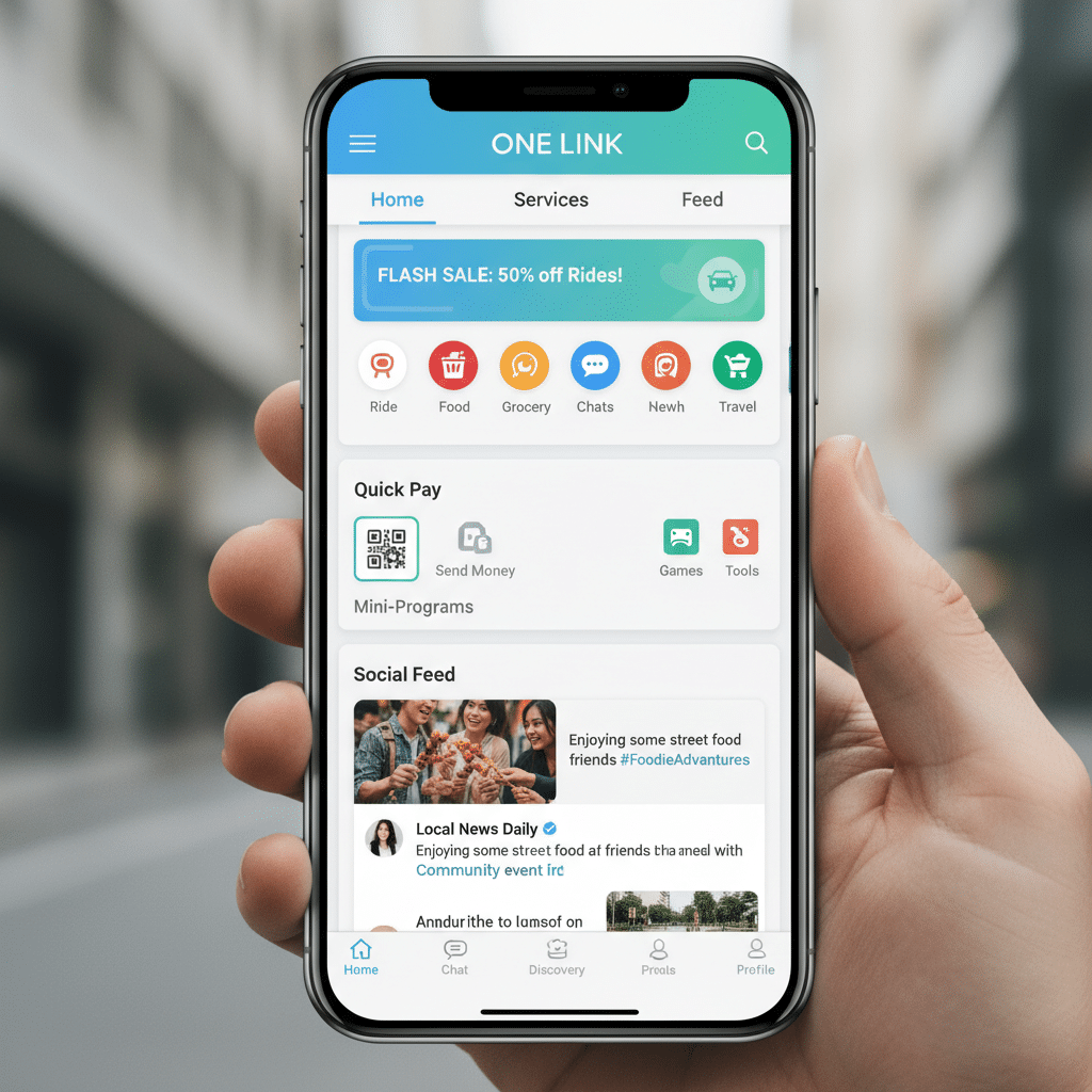 ai-photo-studio-1764062088823-1 Smartphone displaying One Link app interface with ride discounts, quick pay options, and social feed, highlighting convenience features. | Sky Rye Design Smartphone displaying One Link app interface with ride discounts, quick pay options, and social feed, highlighting convenience features.
