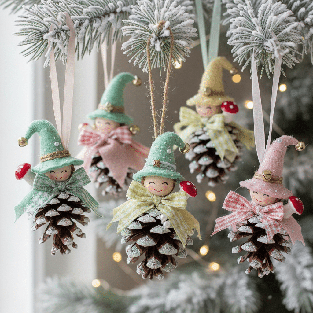 ai-photo-studio-1764072357203-1 Cute pinecone Christmas elf ornaments hang on a snowy tree branch, adding a whimsical festive touch with colorful hats and bows. | Sky Rye Design Cute pinecone Christmas elf ornaments hang on a snowy tree branch, adding a whimsical festive touch with colorful hats and bows.