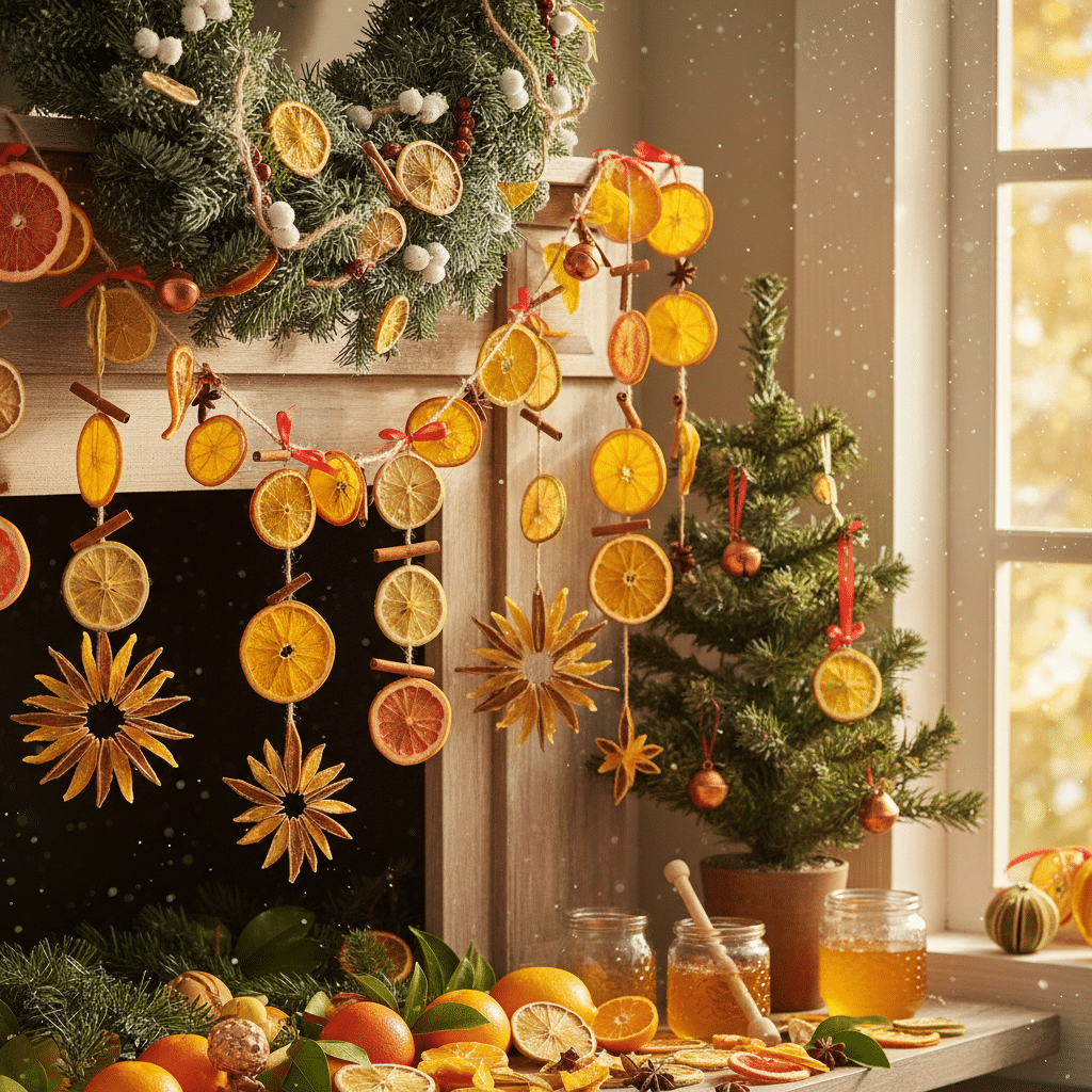 ai-photo-studio-1764072426297-2 Festive mantel with dried orange slices, citrus wreath, small tree, and honey jars. Perfect DIY holiday decor for a cozy, natural look. | Sky Rye Design Festive mantel with dried orange slices, citrus wreath, small tree, and honey jars. Perfect DIY holiday decor for a cozy, natural look.
