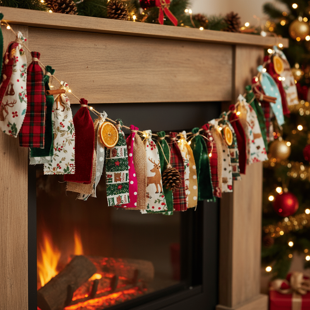 ai-photo-studio-1764073834630-2 Colorful holiday garland decorates fireplace, featuring festive fabrics, pinecones, and oranges, enhancing cozy Christmas ambiance. | Sky Rye Design Colorful holiday garland decorates fireplace, featuring festive fabrics, pinecones, and oranges, enhancing cozy Christmas ambiance.