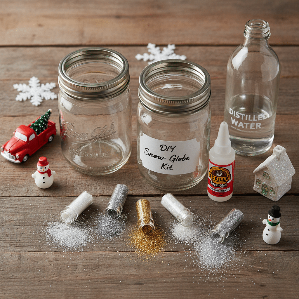 ai-photo-studio-1764074296423-1 DIY snow globe kit with jars, miniatures, glitter, and distilled water on wooden surface, ideal for crafting holiday decorations. | Sky Rye Design DIY snow globe kit with jars, miniatures, glitter, and distilled water on wooden surface, ideal for crafting holiday decorations.