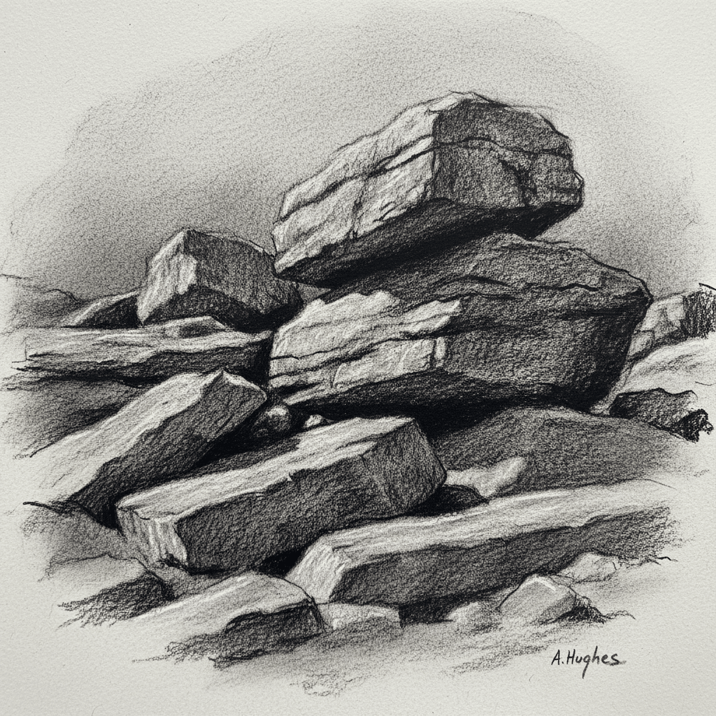 Charcoal drawing of stacked stones, showcasing rugged textures and shadows, signed by A. Hughes. Ideal for art and nature themes.