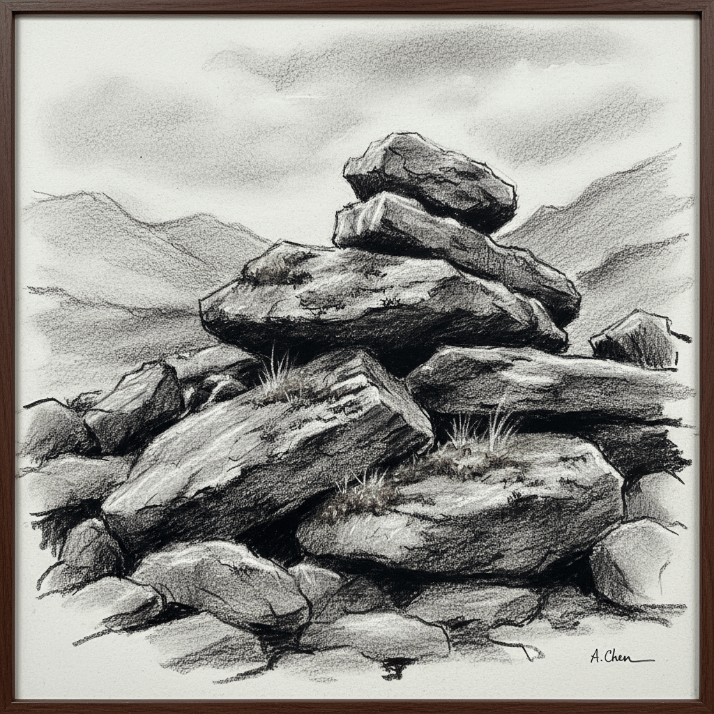 Charcoal sketch of a realistic rock formation with grassy patches, set against a cloudy sky and distant mountains. Nature art scene.