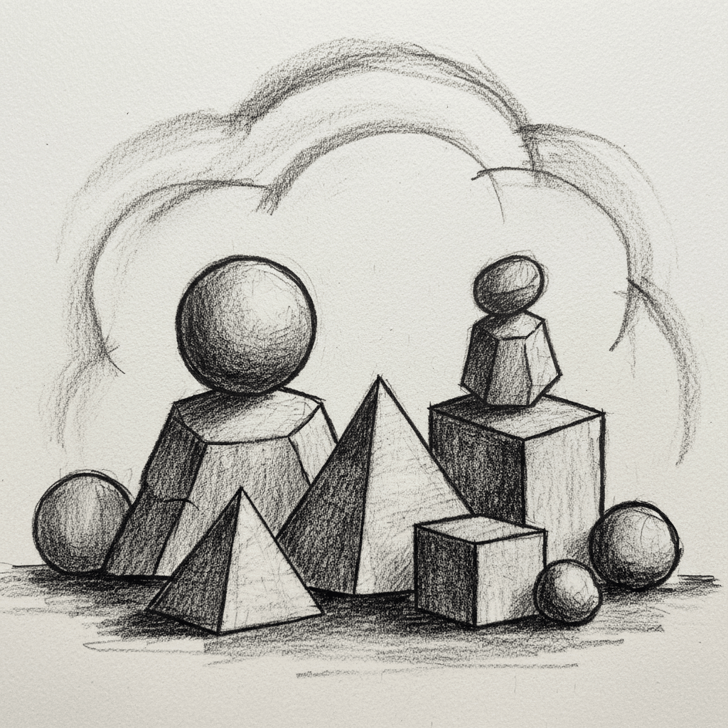 Pencil sketch of 3D shapes, including spheres, cubes, pyramids, and cylinders, with shading and artistic lines in the background.