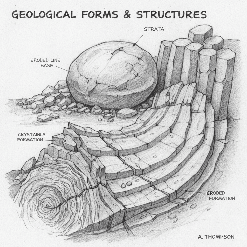 Illustrated geological formations showing strata, crystalline structures, and erosion. Detailed labels enhance educational value.