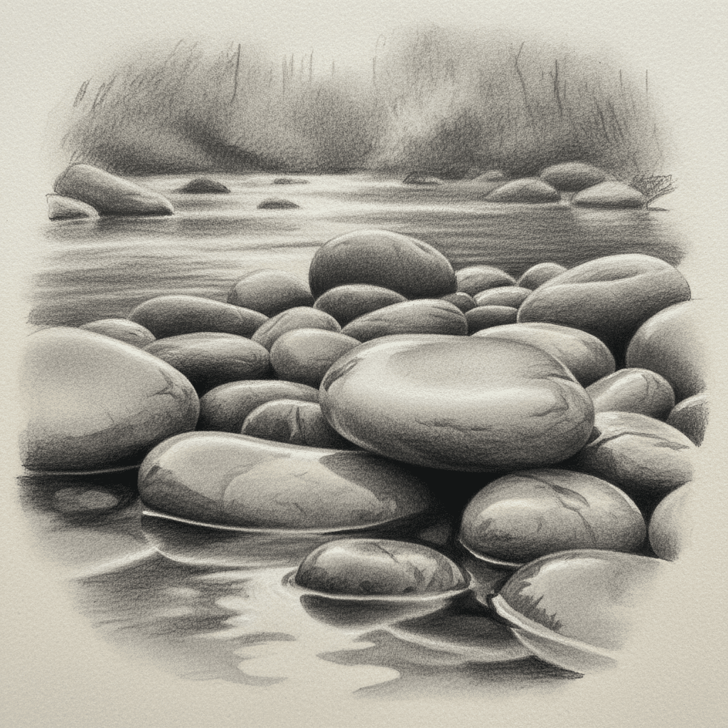 Pencil drawing of smooth river stones by a tranquil water stream, surrounded by a lush forest. Serene and nature-inspired artwork.