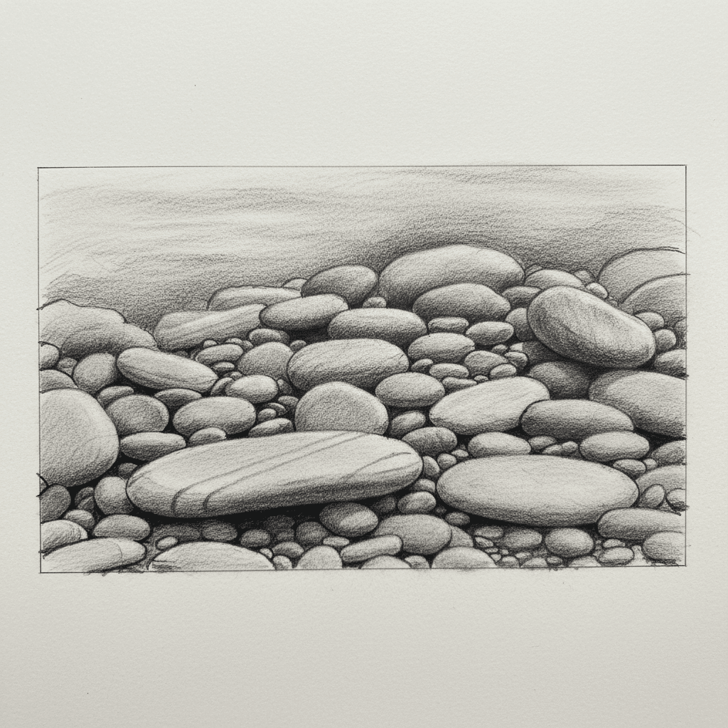 Sketch of smooth pebbles by the shore, showcasing intricate shading and texture. Perfect for nature-themed artwork or design inspirations.