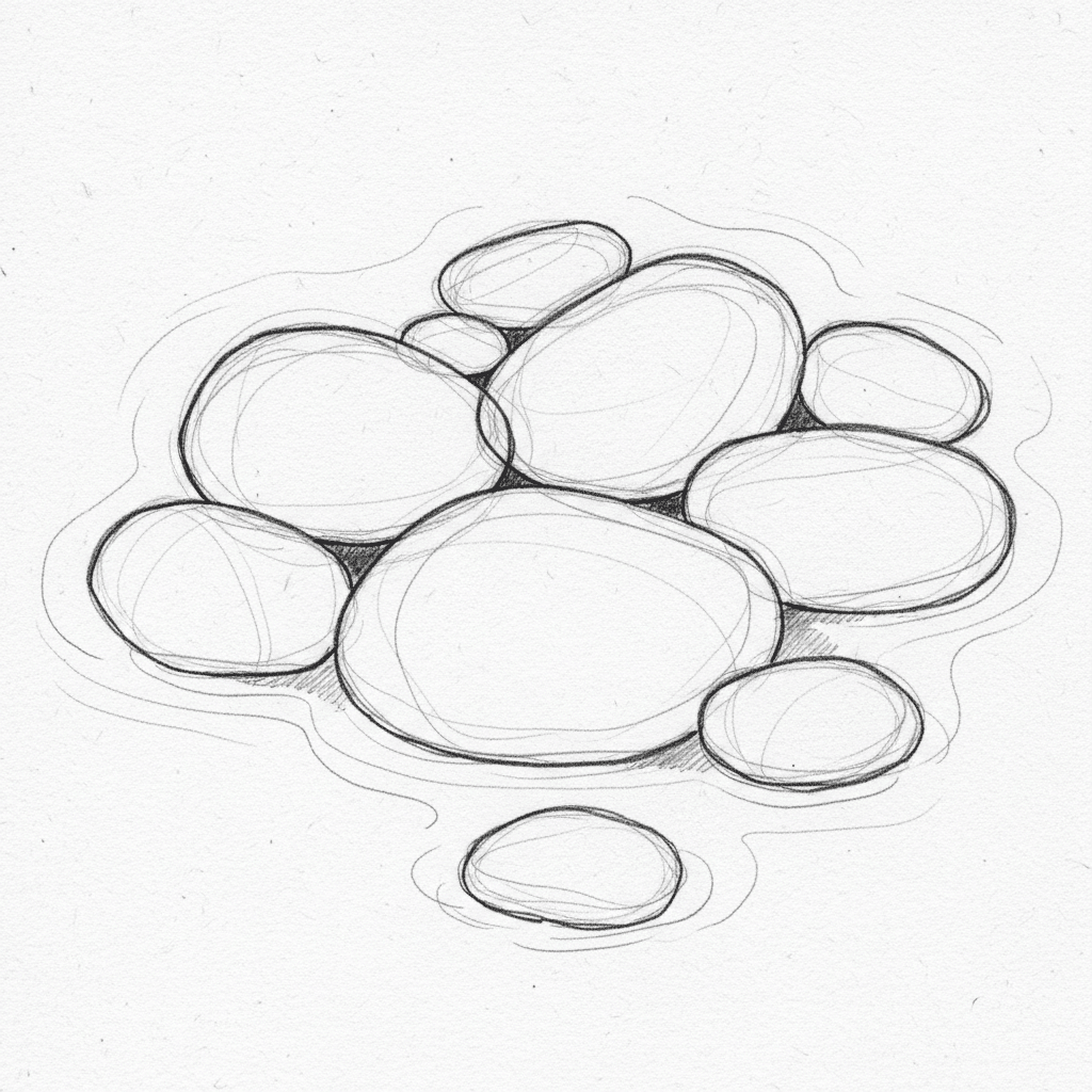 Illustration of a pile of smooth, round stones in black and white sketch style, depicting a tranquil and natural composition.