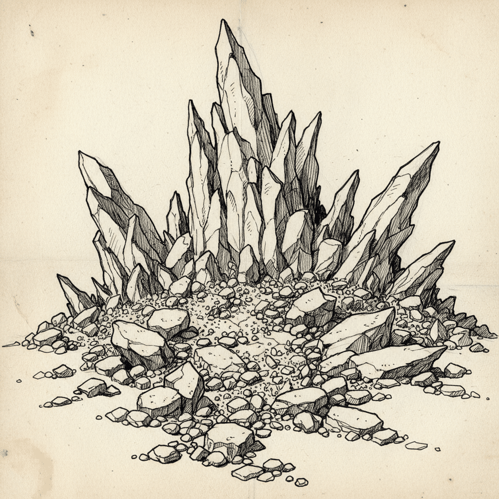 Sketch of large jagged rock formation surrounded by smaller stones, detailed lines, sepia tones, showcasing geological features.