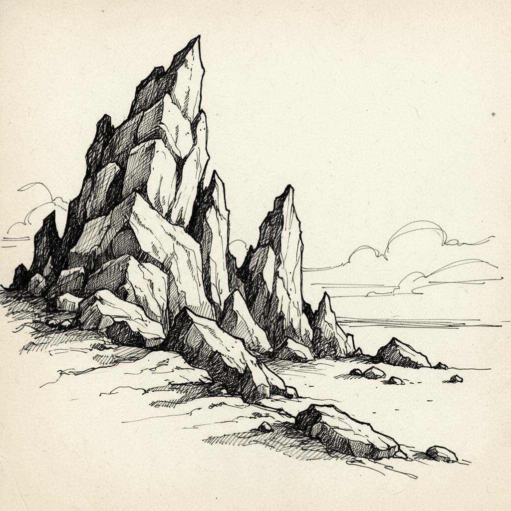 Black and white sketch of jagged coastal cliffs and rough sea, with clouds above, depicting a dramatic natural landscape.