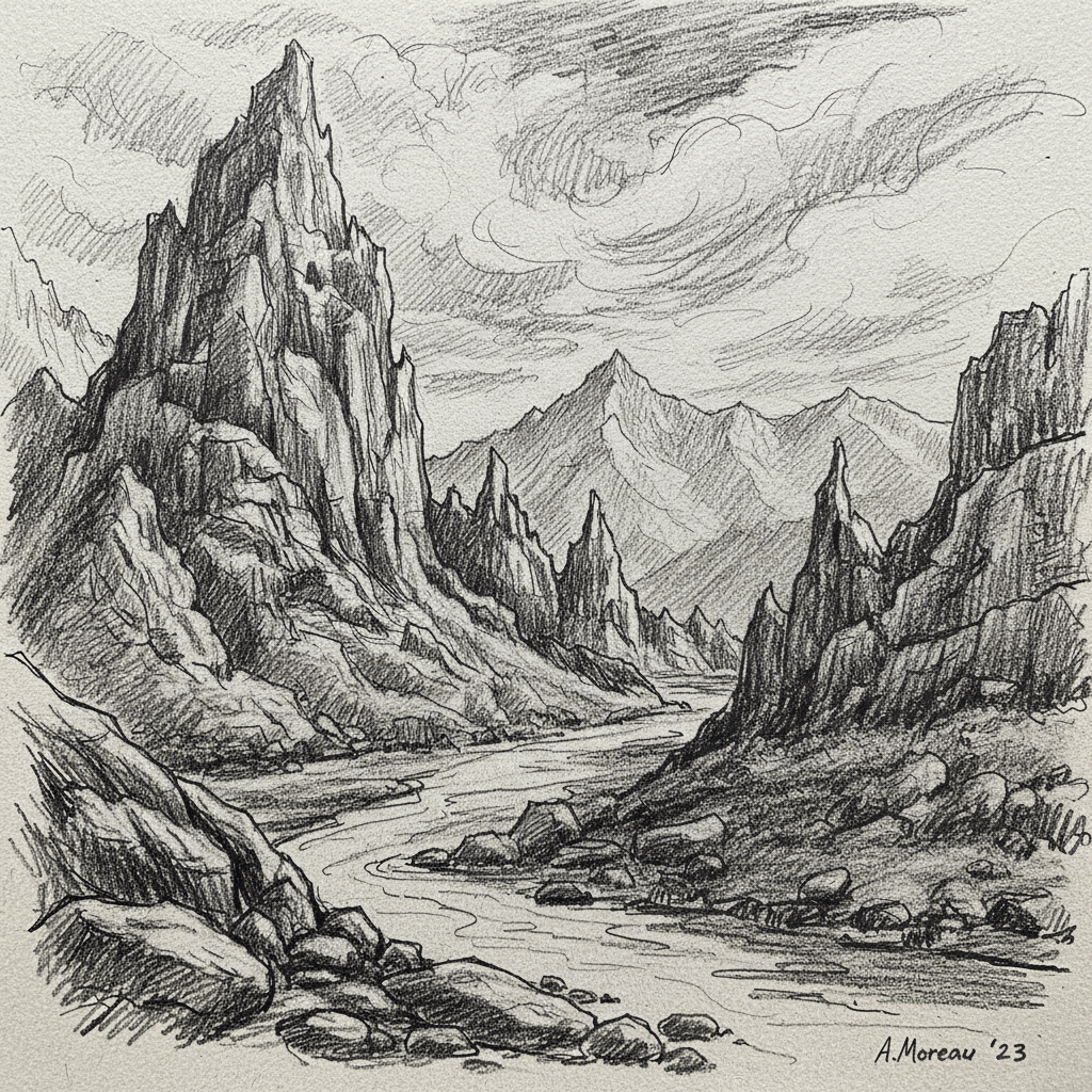 Pencil sketch of majestic mountains and a winding river under a cloudy sky, capturing natural beauty and rugged landscapes.