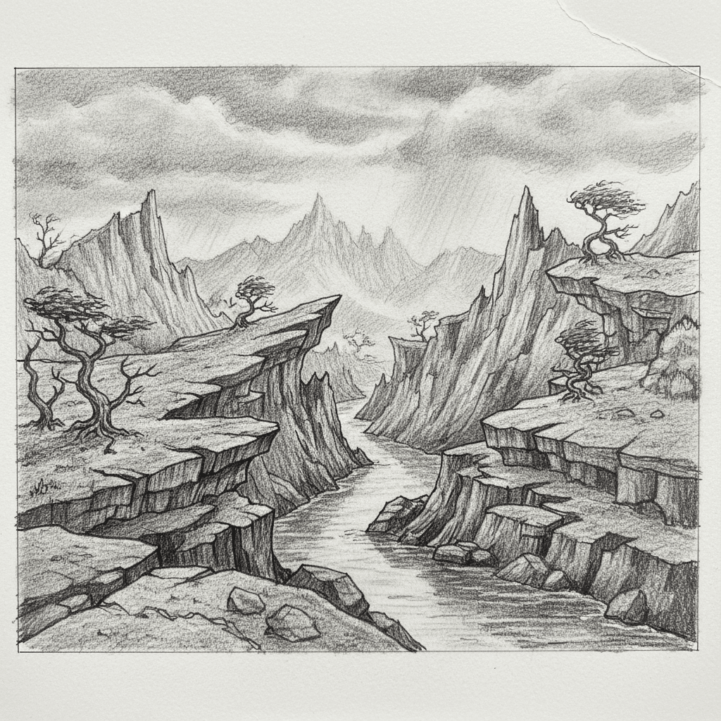 Pencil sketch of a dramatic landscape with cliffs, a winding river, sparse trees, and distant mountains under a cloudy sky.