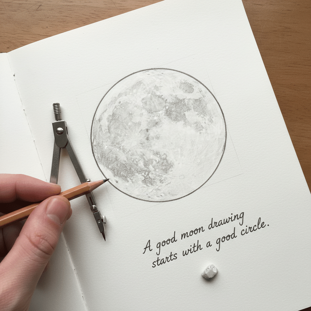 Drawing a realistic moon with a compass and pencil, emphasizing the importance of a perfect circle in art creation.