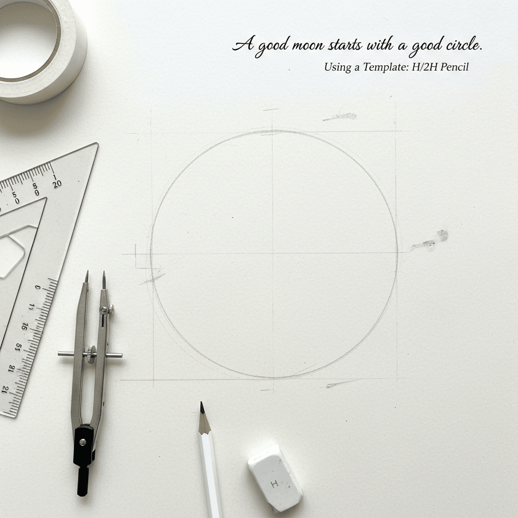 Drafting tools and pencil on paper with a sketched circle, captioned A good moon starts with a good circle.