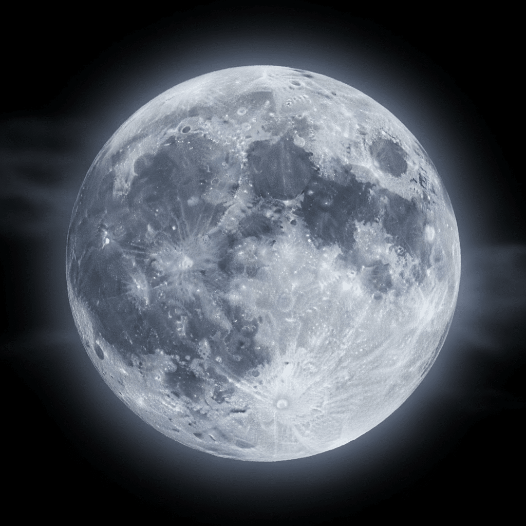 Full moon in a clear night sky, showcasing detailed lunar surface with craters and subtle clouds in the background.