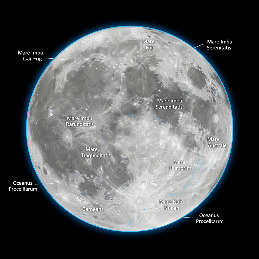 Labeled full moon image showing lunar maria including Mare Imbrium and Oceanus Procellarum against a black background. moon drawing