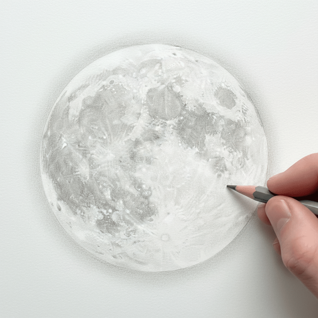 Hand drawing a realistic pencil sketch of the moon, capturing intricate lunar details on a white paper background.